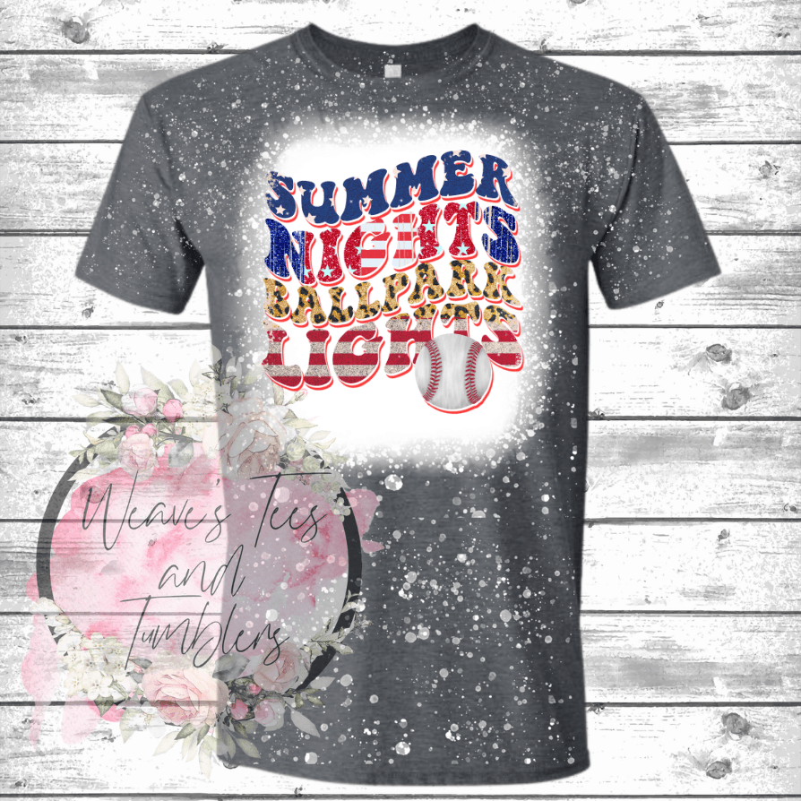 Summer Nights Ballpark Lights Bleached Tshirt - RoseCreationsLLC